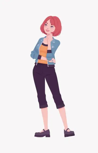 Vector illustration of Attractive red hair girl standing pose, young street wear woman