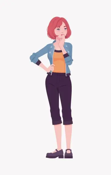 Vector illustration of Attractive red hair girl thinking pose, young street wear woman