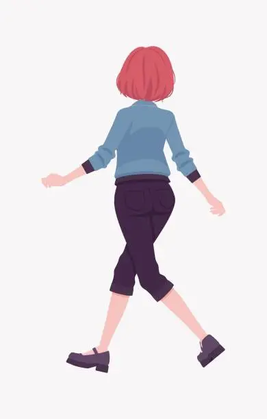 Vector illustration of Attractive red hair girl walking pose rear, street wear woman