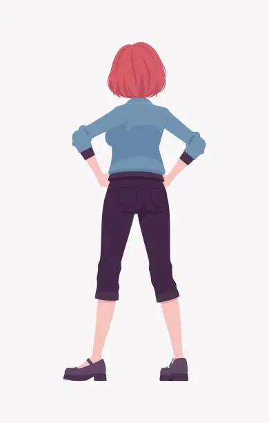 Vector illustration of Attractive red hair girl standing rear, young street wear woman