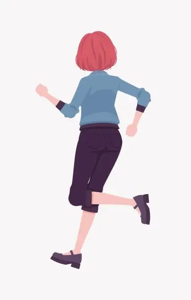 Vector illustration of Attractive red hair girl running pose rear, street wear woman