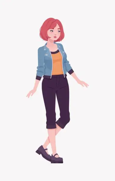 Vector illustration of Attractive red hair girl stand pose, young street wear woman