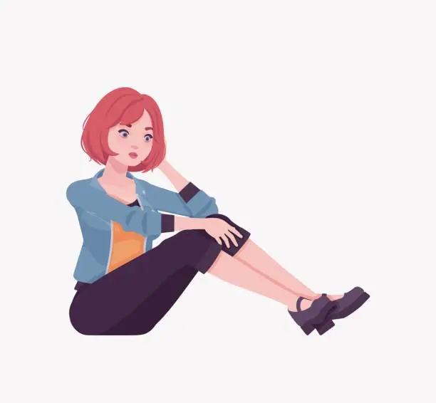 Vector illustration of Attractive red hair girl sitting pose, young street wear woman