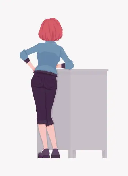 Vector illustration of Red hair girl standing lean pose, street wear woman, rear