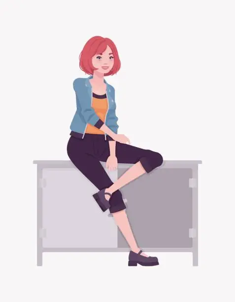 Vector illustration of Attractive red hair girl sitting desk pose, street wear woman