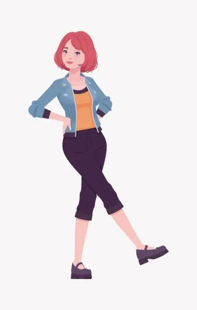 Vector illustration of Attractive red hair girl happy pose, young street wear woman