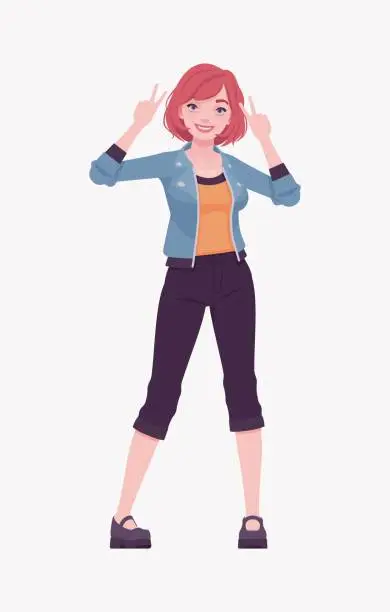 Vector illustration of Attractive red hair girl happy pose, young street wear woman