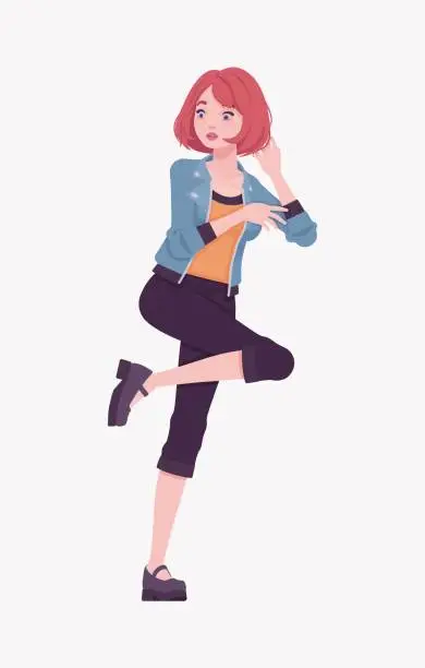 Vector illustration of Attractive red hair girl moving pose, street wear woman