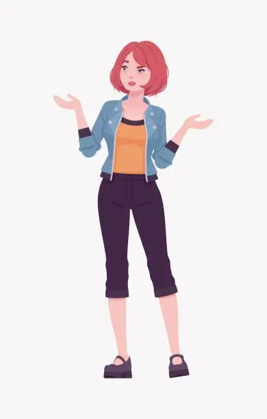 Vector illustration of Attractive red hair girl standing wonder pose, street wear woman