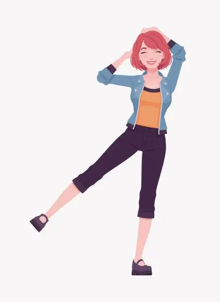 Vector illustration of Attractive red hair girl standing amuse pose, street wear woman