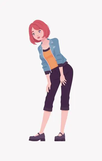 Vector illustration of Attractive red hair girl moving pose, street wear woman