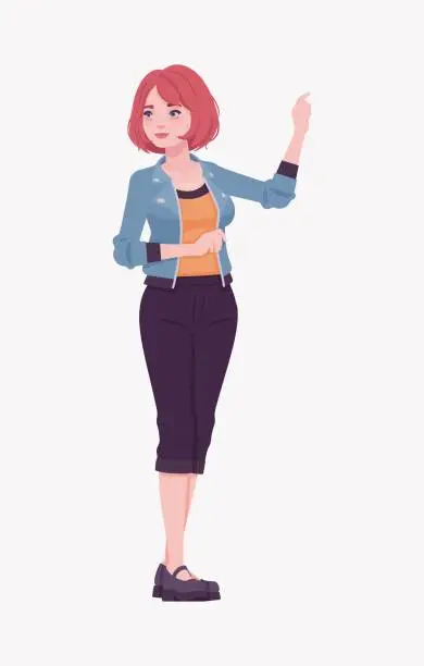 Vector illustration of Attractive red hair girl standing point pose, street wear woman