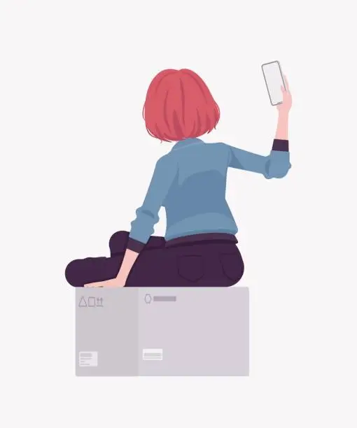 Vector illustration of Red hair girl taking selfie phone, street wear woman, rear