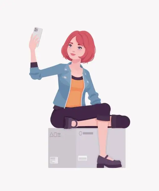 Vector illustration of Red hair girl taking selfie on phone, street wear woman