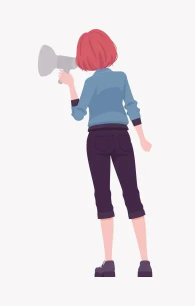 Vector illustration of Attractive red hair girl megaphone speaking, street wear woman, rear
