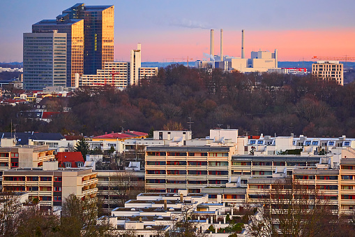 Munich, Germany - December 27, 2023: Olympic Village in the Olympic Center in Munich at sunset.