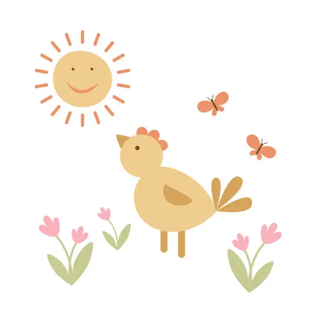 Vector illustration of Cute spring illustration with chick. White background. Vector.