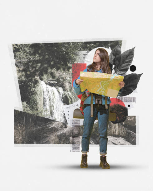 istock Young concentrated woman with thoughtful face standing with backpack and map against abstract waterfall background. Contemporary art collage. 2114637156