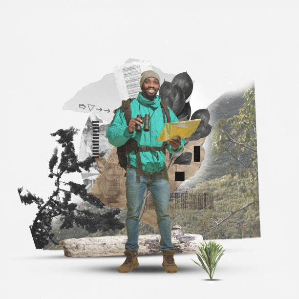 istock Young man with backpacks and map going hiking against floral abstract background. Solo exploration and adventure. Contemporary art collage. 2114637158