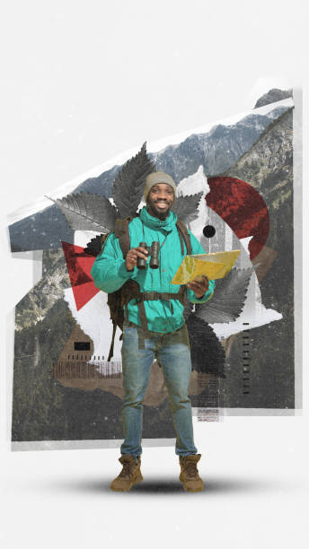 istock Young smiling man with backpacks, binoculars and map standing on mountains, going hiking. Contemporary art collage. 2114637161