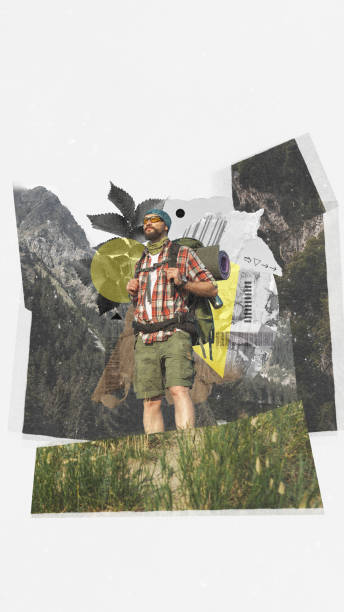 istock Summer activity. Young bearded man in sunglasses standing on mountains with backpack, going hiking. Contemporary art collage. 2114637162