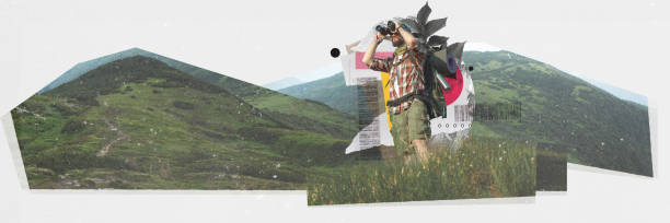 istock Young man with backpacks standing on mountain and looking in binoculars against nature background. Contemporary art collage. 2114637164