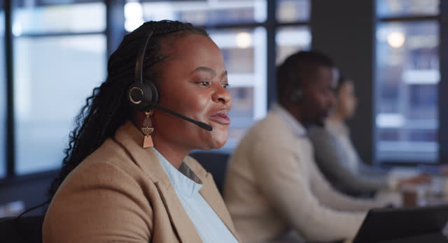 Telemarketing, speaking and black woman with call center, telecom sales and help desk with crm. African person, employee and agent with headset, technical support and connection with customer service