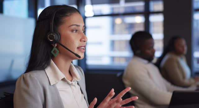 Call center, help desk and woman with customer service, connection and communication with telemarketing. Person, employee and agent with headset, technical support and consultant with call center