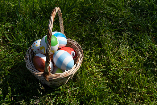 Close-up Colorful Easter eggs on green grass