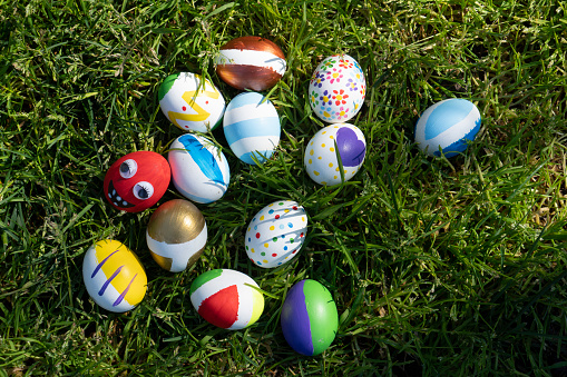 Close-up Colorful Easter eggs on green grass