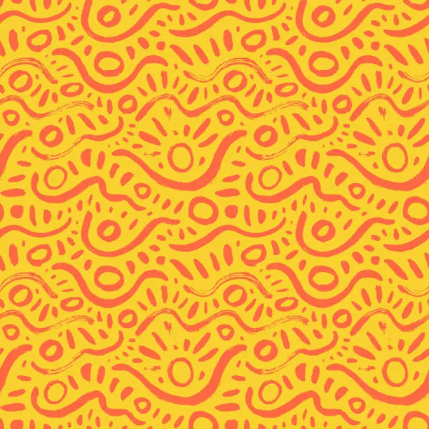 Vector illustration of Abstract wavy lines and circles seamless pattern in yellow and orange colors.