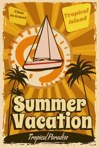 Vector illustration of Summer Vacation poster retro, sailing ship on the ocean, island, coast, palms