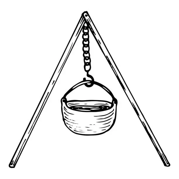 Vector illustration of Camping pot sketch. Utensils for cooking over fire. Hand drawn illustration.