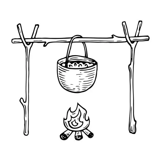 Vector illustration of Camping pot sketch. Utensils for cooking over fire. Hand drawn illustration.