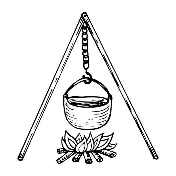 Camping pot sketch. Utensils for cooking over fire. Hand drawn illustration.