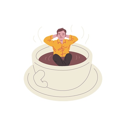 Young man sitting in the big cup with coffee and enjoying. Cartoon giant white mug and saucer with drink and boy inside in flat comic style. Coffee funny character vector illustration isolated