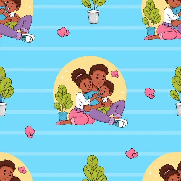 Vector illustration of Seamless pattern with happy black family. Cute ethnic sitting mother and father with child son on blue striped background. Vector illustration