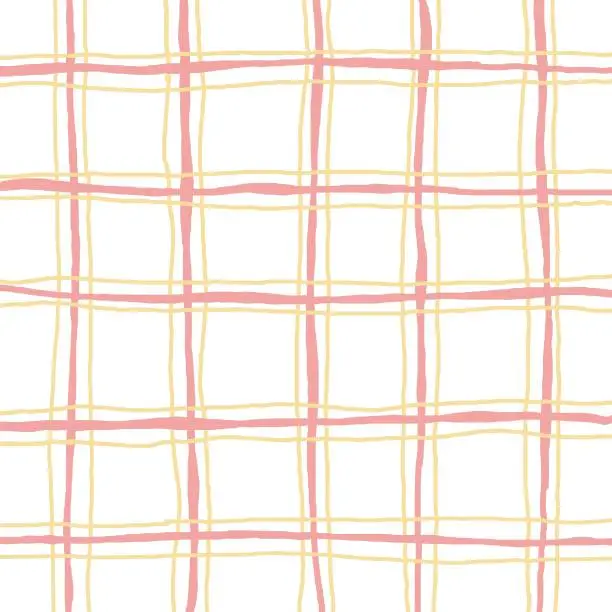 Vector illustration of Checked, square, plaid vector pattern. Vertical and horizontal hand drawn crossing red yellow stripes. Chequered geometrical background. Freehand doodle uneven bars.