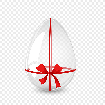 Transparent glass egg with red bow. Easter egg card. For postcard, card, invitation, poster, banner template lettering typography. Seasons Greetings. Vector illustration.