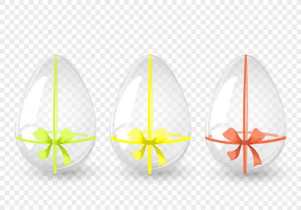 Vector illustration of Set transparent glass eggs with color bow. Easter egg card. For postcard, card, invitation, poster, banner template lettering typography. Seasons Greetings. Vector illustration