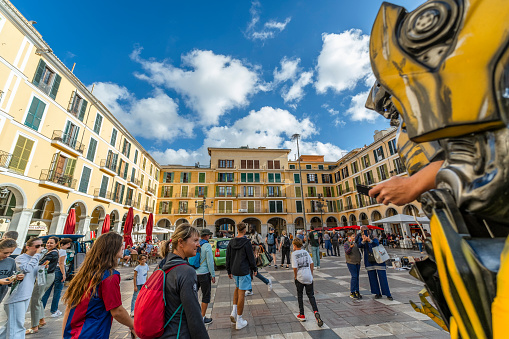 Palma de Mallorca, Spain - October 30 2023: crowded beautiful square in Palma de Mallorca, Spain
