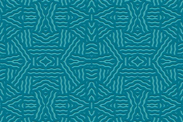 Vector illustration of Embossed blue background, cover design. Geometric decorative 3D pattern, handmade, doodling, boho. Design in the ethnic traditions of the peoples of the East, Asia, India, Mexico, Aztec.