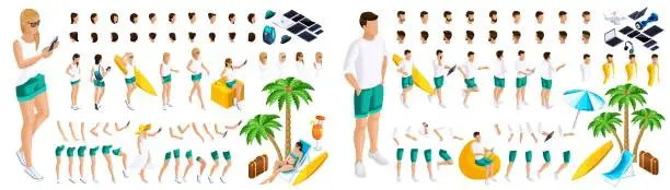 Vector illustration of Isometric Set of gestures of hands and feet of girls and guys 3d teenagers, rest, girls and guys on the beach. Create your character for vector illustrations