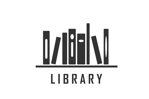 Library logo vector design illustration. Abstract business brand concept with shelf with books, text sign. Isolated on white background.