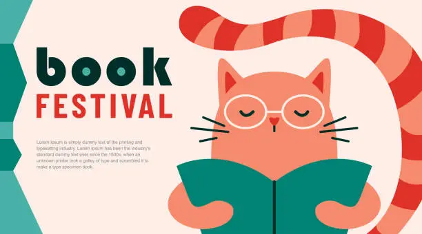 Vector illustration of Book festival vector illustration background. Red cat wearing glasses with big striped tail, holding open book and reading. Poster for education, culture day, library, reading or literature event
