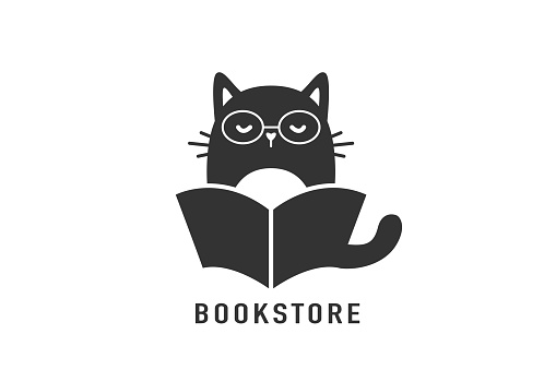 Bookstore logo vector design illustration. Abstract business brand concept with stylish cat reading book, text sign. Isolated on white background.