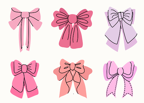 Set of various bows, gift ribbons. Bowknots in hand-drawn and flat styles. Fashionable vector illustration. Hair accessory. Bows for gift wrapping