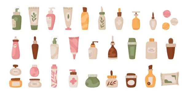 Vector illustration of Flat isolated skin care cosmetic bottle set.