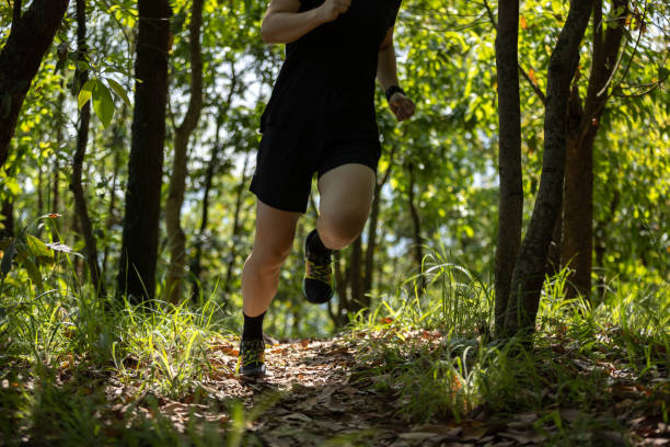 istock Woman trail runner running in summer forest trail 2114734504