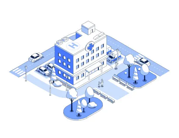 Vector illustration of City hospital and highway - vector isometric illustration